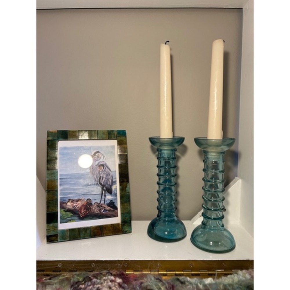Vintage Aqua Blue Ribbed Glass‎ Taper Candle Holders Set of 2